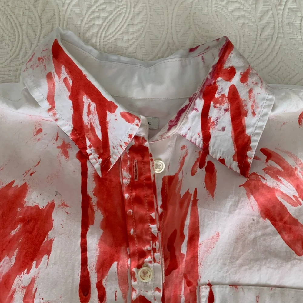 Homemade Zombie Halloween Costume Medium White Red Shirt Damaged Blue Jeans
